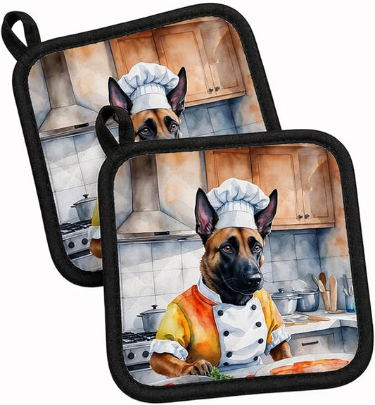 Caroline's Treasures Belgian Malinois The Chef Pair of Pot Holders Kitchen Heat Resistant Pot Holders Sets Oven Hot Pads for Cooking Baking BBQ, 7 1/2 x 7 1/2