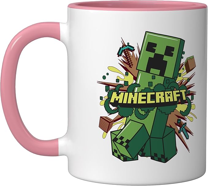 Minecraft Creeper Running From Explosion Ceramic Mug, Pink/White