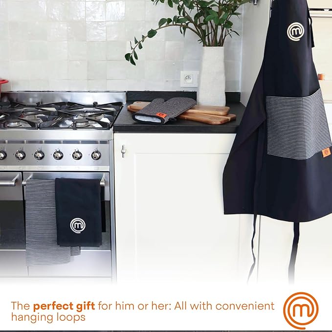 MasterChef Oven Mitts Heat Resistant, Set of 2 Baking Gloves, Machine Washable Cotton Kitchen Mittens for Stove Cooking & BBQ Grilling, Hot Proof Pot Holders, One Size Fits All, Elite Black