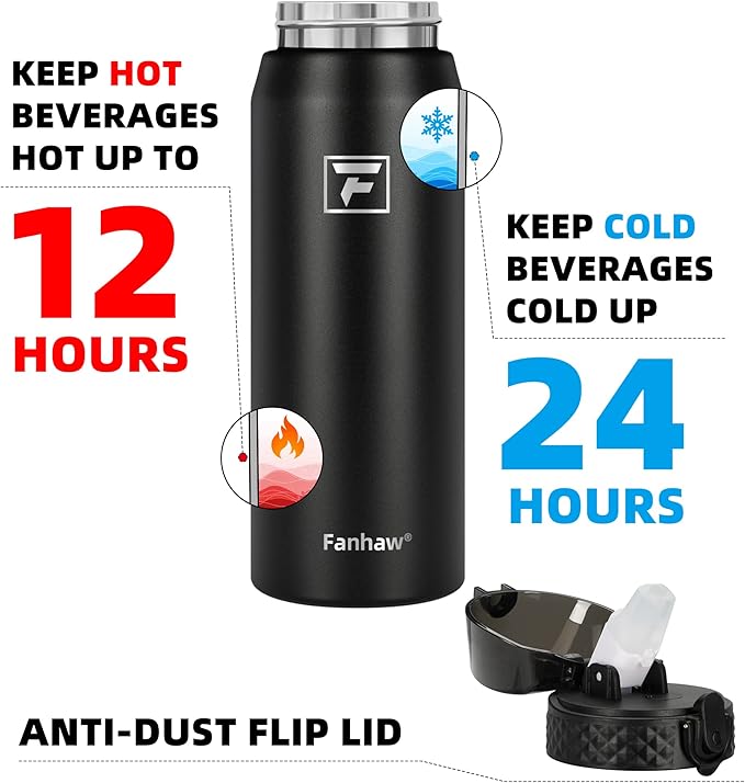 Fanhaw 24 oz Insulated Stainless Steel Water Bottle with Straw Lid, Leakproof & Anti-Dust Sports Bottle for Kids, Women & Men (White Black)
