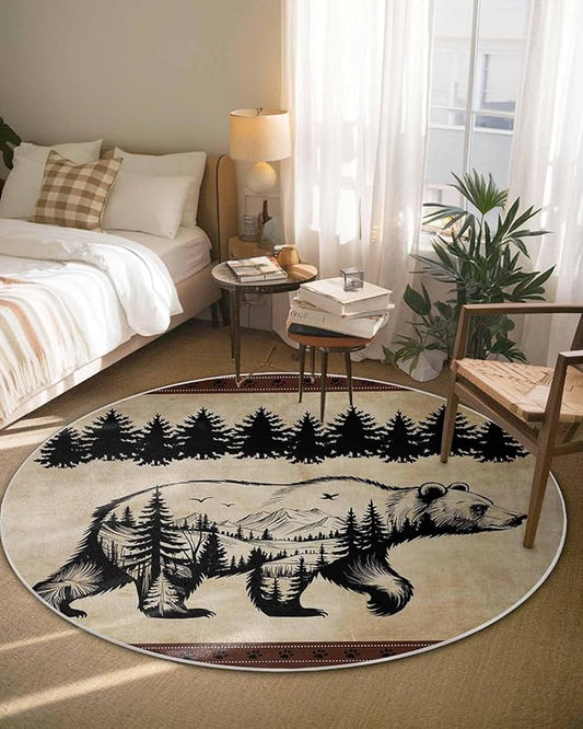 Round Area Rug,Bear Forest Mountains Animal Silhouette Circle Living Room Rug Non-Slip Rugs Indoor Carpet,Vintage Brown Gradient Soft Comfort Rugs for Bedroom KidsRoom Nursery