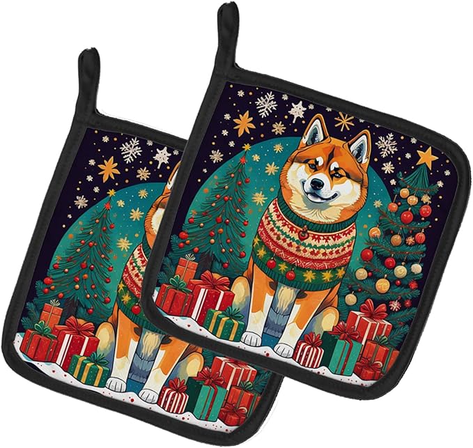 Caroline's Treasures Akita Christmas Pair of Pot Holders Kitchen Heat Resistant Pot Holders Sets Oven Hot Pads for Cooking Baking BBQ, 7 1/2 x 7 1/2