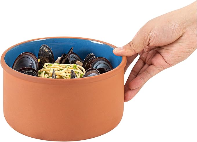 Restaurantware-Terra Tek 68 Ounce Terracotta Cazuelas, 2 Blue Glazed Clay Pots For Cooking - Oven-Ready, Microwavable, Terracotta Serving Pots, Dishwashable, For Cooking And Serving