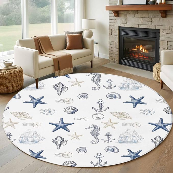 Washable Round Area Rug Ocean Starfish Seahorse Shell Conch Circle Rugs Floor Carpet for Living Room Bedroom, Nautical Compass Anchor Soft Non Slip Round Rug 5ft
