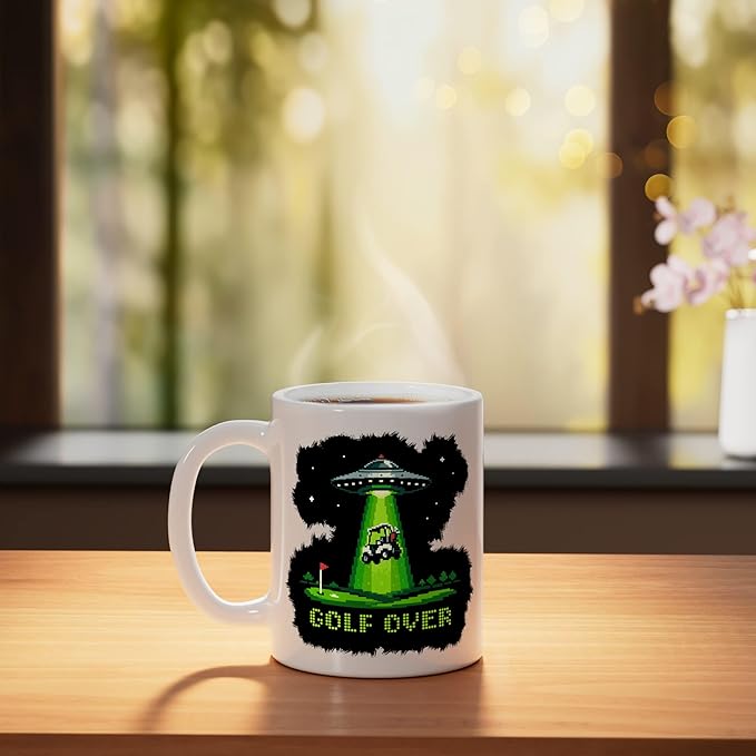 GOLF OVER Retro Funny Pixel Art UFO Abducting Golf-Cart Ceramic Mug, White