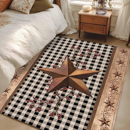 Brown Texas Star Retro 2.7x5 Area Rugs, Country Star Non-Skid Rubber Backing Large Rectangle Rugs - Living Room Bedroom Home Office, Black White Plaid Wooden Indoor Floor Mat Carpets Washable Rug