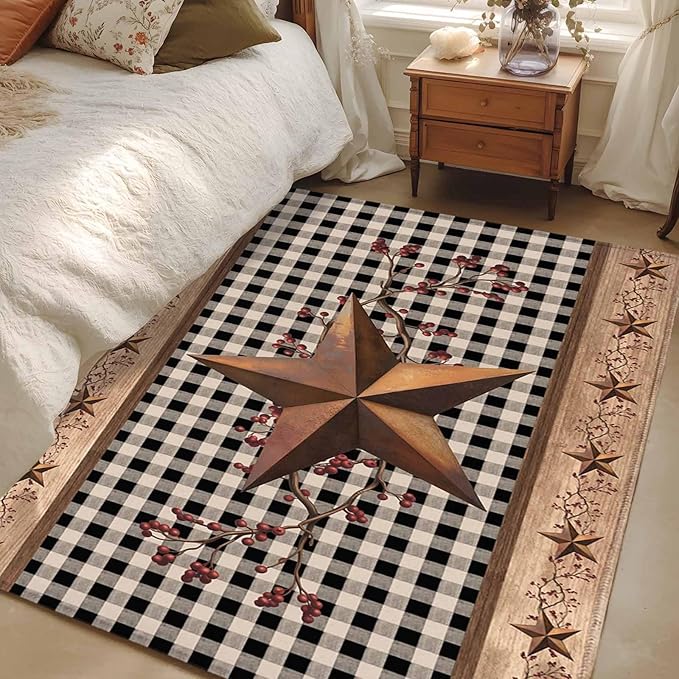 Brown Texas Star Retro 4x6 Area Rugs, Country Star Non-Skid Rubber Backing Large Rectangle Rugs - Living Room Bedroom Home Office, Black White Plaid Wooden Indoor Floor Mat Carpets Washable Rug
