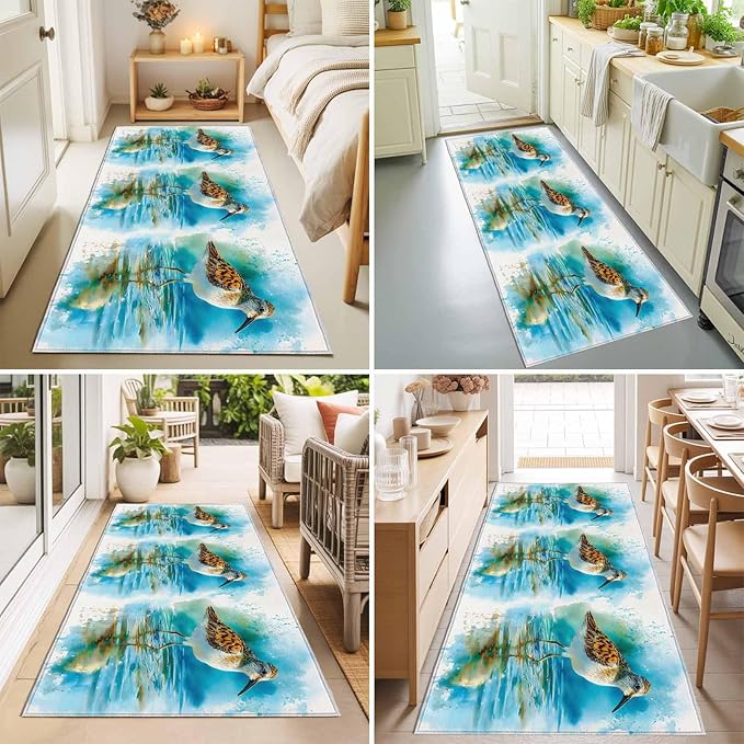 Runner Rug for Bedroom Hallway, Natural Lake Bird Water Reflection Kitchen Runner Rugs Area Rug 2x6ft, Animal Splatter Art Washable Soft Floor Carpet for Entryway Stair