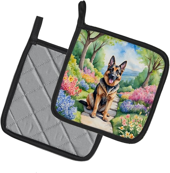Caroline's Treasures German Shepherd Spring Path Pair of Pot Holders Kitchen Heat Resistant Pot Holders Sets Oven Hot Pads for Cooking Baking BBQ, 7 1/2 x 7 1/2