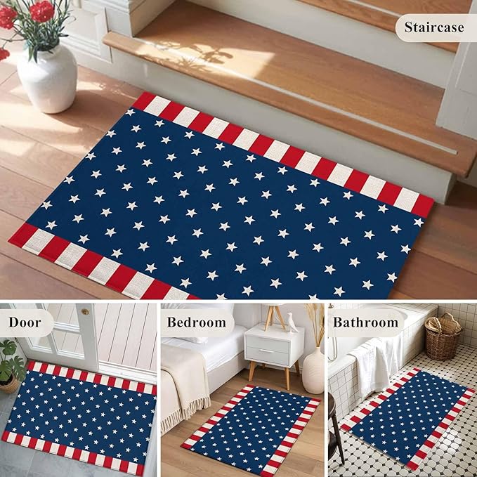 Area Rug 2x3ft, American Independence Day Washable Rugs for Living Room Bedroom, USA Stars on Blue Red White Border Soft Non-Slip Area Rugs Rectangle Floor Carpet for Dining Room