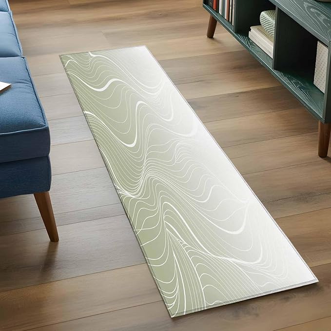 Runner Rug for Bedroom Hallway, Sage Green Wavy Gradient Stripes Kitchen Runner Rugs Area Rug 2x6ft, Geometric Abstract Art Washable Soft Floor Carpet for Entryway Stair