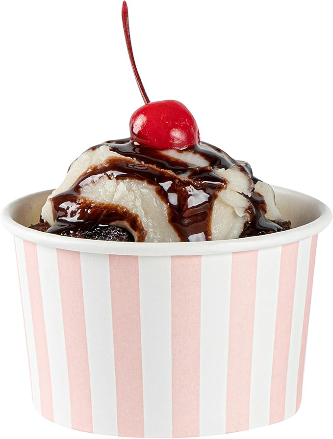 Coppetta 5-Ounce Dessert Cups, 50 Disposable Ice Cream Cups - Lids Sold Separately, Striped, Pink And White Paper FroYo Bowls, For Hot And Cold Foods, Perfect For Gelato Or Mousse - Restaurantware