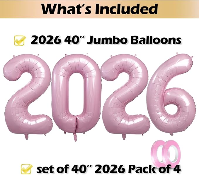 40 Inch 2026 Pack of 4 Pink Big Helium Foil Balloon Numbers Large Mylar Number for Christmas New Year's Eve Party Graduation Birthday