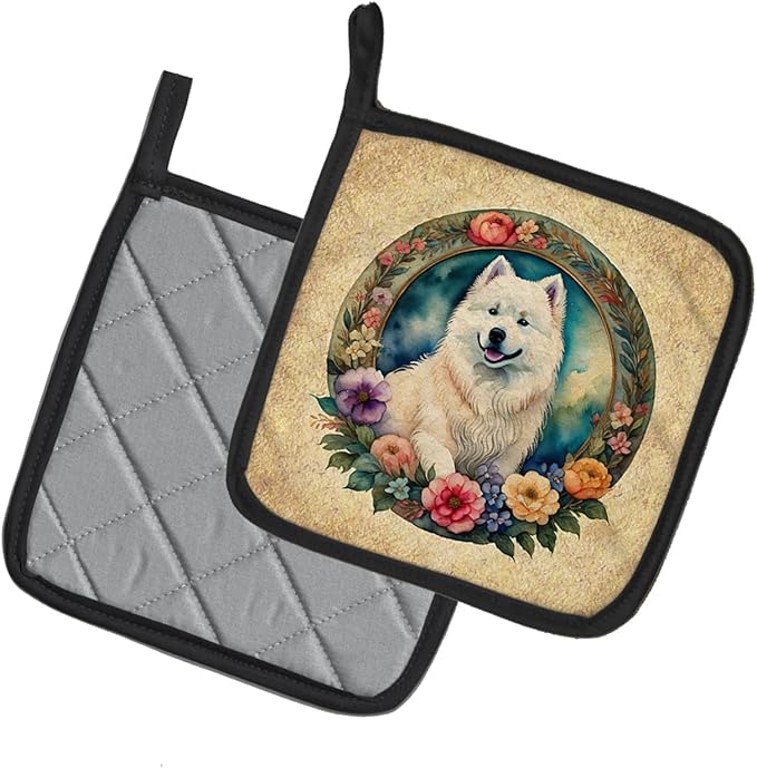 Caroline's Treasures Samoyed and Flowers Pair of Pot Holders Kitchen Heat Resistant Pot Holders Sets Oven Hot Pads for Cooking Baking BBQ, 7 1/2 x 7 1/2
