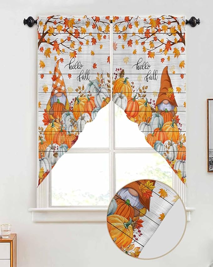 Orange Pumpkins Gnome Maple Leaves Hello Fall Swag Valance Curtains Autumn Thanksgiving Vintage Wood Grain Rod Pocket Kitchen Curtains, Scalloped Window Treatment Valances, 1 Pair, 28"W x 36"L
