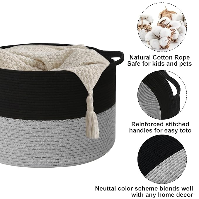 90L Extra Large Blanket Basket,Woven Laundry Basket Hamper with Handles, Decorative Nursery Basket Storage Bin for Toys, Clothes Organizer, Living Room, Bedroom, Bathroom, Black&Light Grey