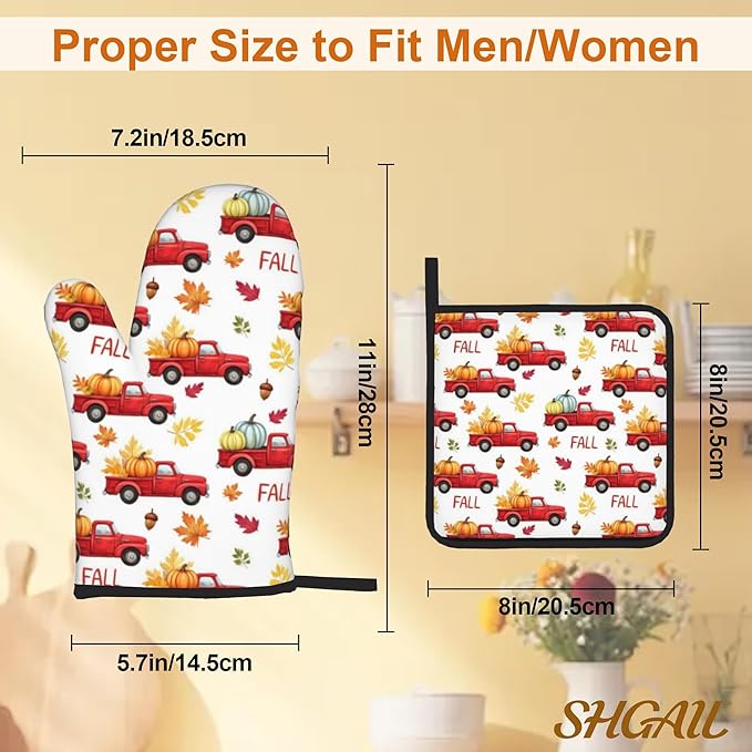 Fall Oven Mitts and Hot Pads Set - Truck Design, Heat Resistant Cute Pot Holders for Kitchen, Baking Gifts for Women