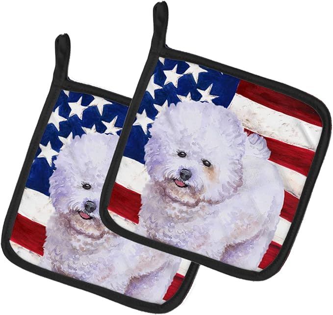 Caroline's Treasures BB9648PTHD Bichon Frise Patriotic Pair of Pot Holders Kitchen Heat Resistant Pot Holders Sets Oven Hot Pads for Cooking Baking BBQ, 7 1/2 x 7 1/2