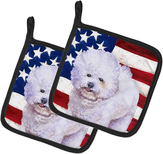 Caroline's Treasures BB9648PTHD Bichon Frise Patriotic Pair of Pot Holders Kitchen Heat Resistant Pot Holders Sets Oven Hot Pads for Cooking Baking BBQ, 7 1/2 x 7 1/2
