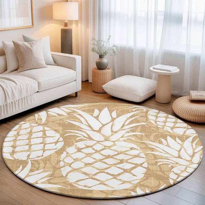 Washable Round Area Rug Summer Fruit Pineapple Circle Rugs Floor Carpet for Living Room Bedroom, Rustic Vintage Tropical Leaves Soft Non Slip Round Rug 3ft