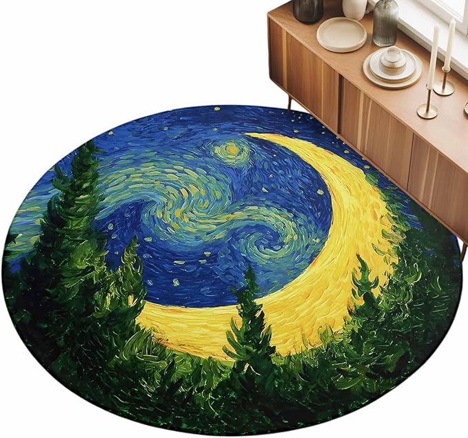 Washable Round Area Rug Giant Moon Forest Expressionist Art Circle Rugs Floor Carpet for Living Room Bedroom, Dreamy Night Navy Blue Soft Non Slip Round Rug 3ft
