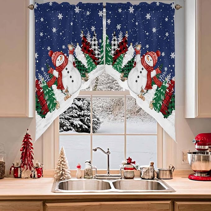 Christmas Snowman Swag Valance Curains Winter Xmas Tree Snowflakes Deep Blue Bottom Rod Pocket Kitchen Curtains Scalloped Window Treatment Valances Swag for Living Room Bedroom, 1 Pair, 36"W x 45"L