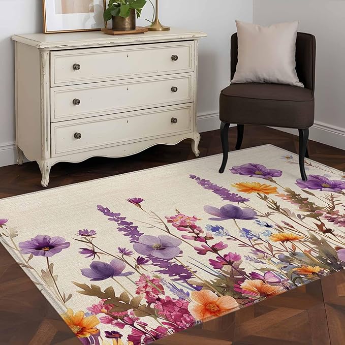 Area Rug 3x5ft, Country Flower Purple Lavender Plant Washable Rugs for Living Room Bedroom, Retro Linen Soft Non-Slip Area Rugs Rectangle Floor Carpet for Dining Room