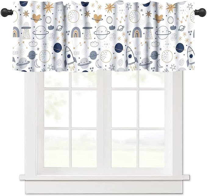 Kids Cartoon Space Valance, Cute Rainbow Planet Stars Rocket Moon Short Window Treatment for Kitchen Bedroom Living Room Nursery Decor, 54x18Inch