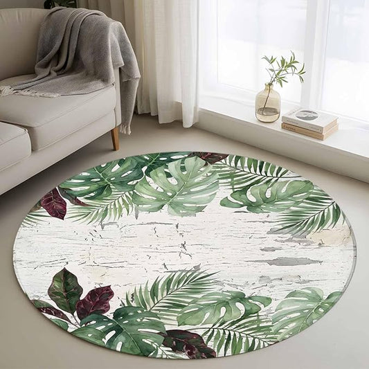 Washable Round Area Rug Summer Green Monstera Palm Leaves Circle Rugs Floor Carpet for Living Room Bedroom, Vintage Botantical Soft Non Slip Round Rug 3ft