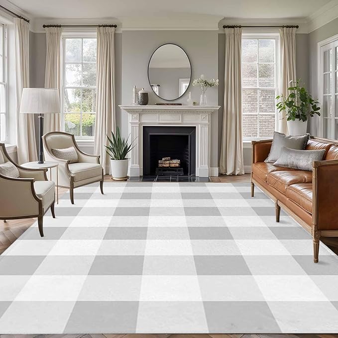 Area Rug 6x9ft, Light Grey White Plaid Washable Rugs for Living Room Bedroom, Farmhouse Decoration Buffalo Check Soft Non-Slip Area Rugs Rectangle Floor Carpet for Dining Room