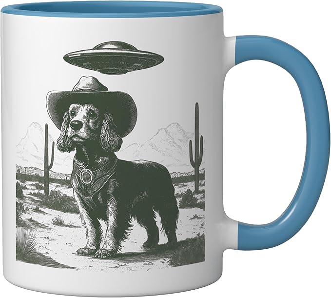 Funny Cowboy Dog UFO Alien Desert Cactus Western Canine Ceramic Mug, Blue/White