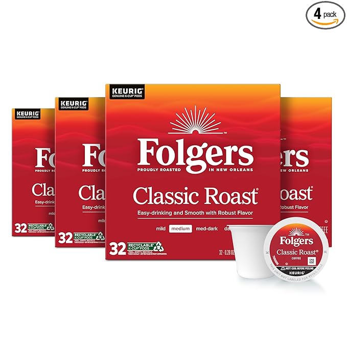 Folgers Classic Roast, Medium Roast Coffee, Keurig K-Cup Pods, 32 Count Boxes (Pack of 4)