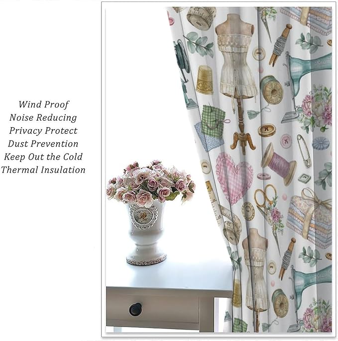 Sewing Theme Window Curtain,Vintage Sewing Machine Tool Watercolor Pattern Print Blackout Curtains for Bedroom Cafe Dining Room Office Living Room Kitchen Drapes, 84x84 in