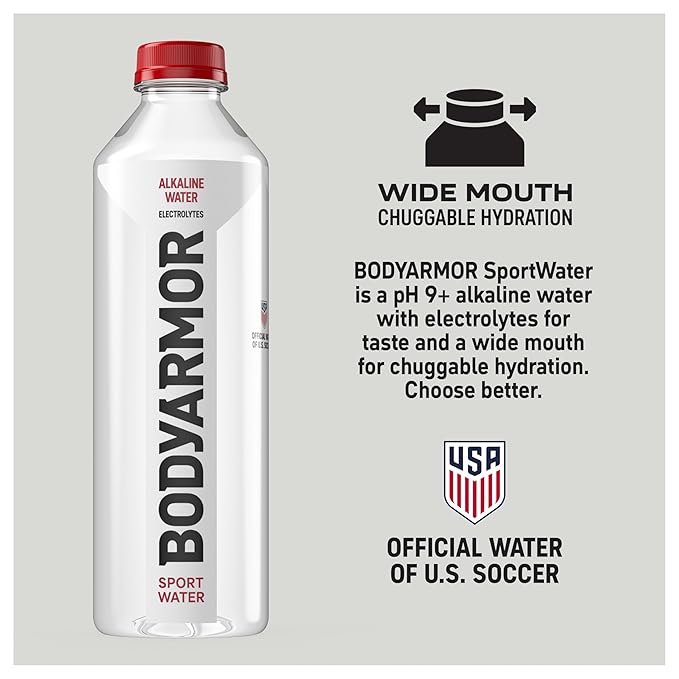 BODYARMOR SportWater Alkaline Water, High Alkaline Bottled Water, pH 9+, 1 Liter (12 Pack), Refreshing Electrolyte Water Pack, Wide Mouth Bottle