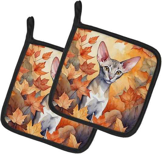 Caroline's Treasures Oriental Shorthair Cat in Fall Leaves Pair of Pot Holders Kitchen Heat Resistant Pot Holders Sets Oven Hot Pads for Cooking Baking BBQ, 7 1/2 x 7 1/2