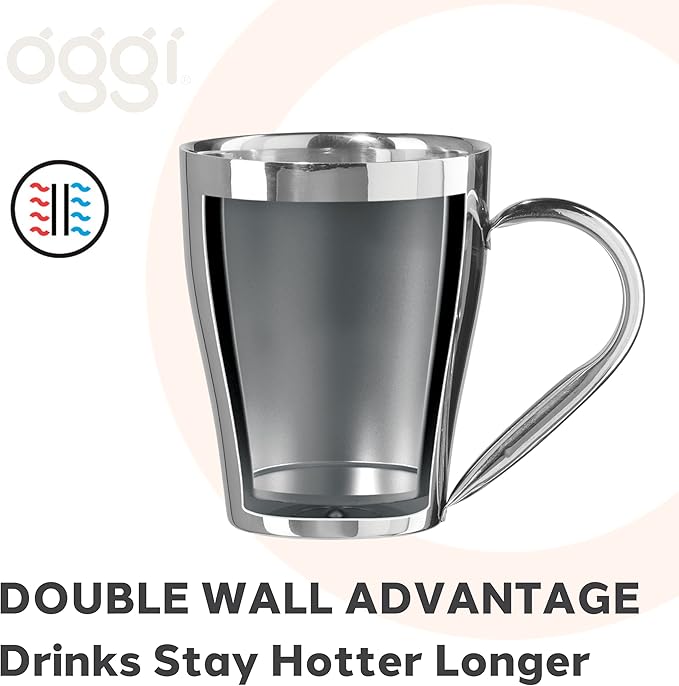 Oggi Insulated Coffee Mug 12oz - Dual Wall Stainless Steel Technology Coffee or Tea Mug with Elegant Mirror Finish, Ideal Used for Cappuccino, Latte and Americano Coffee