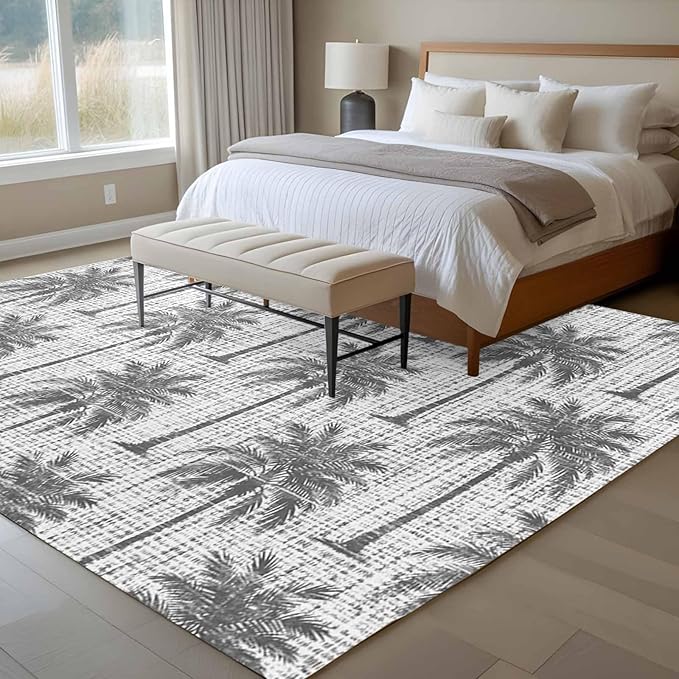 Area Rug 9x12ft, Summer Palm Tree Retro Linen Washable Rugs for Living Room Bedroom Rectangle Floor Carpet, Tropical Gray Botanical Soft Non-Slip Area Rugs for Dining Room