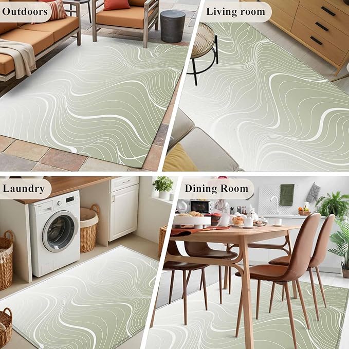 Area Rug 3x5ft, Sage Green Wavy Gradient Stripes Washable Rugs for Living Room Bedroom, Geometric Abstract Art Soft Non-Slip Area Rugs Rectangle Floor Carpet for Dining Room