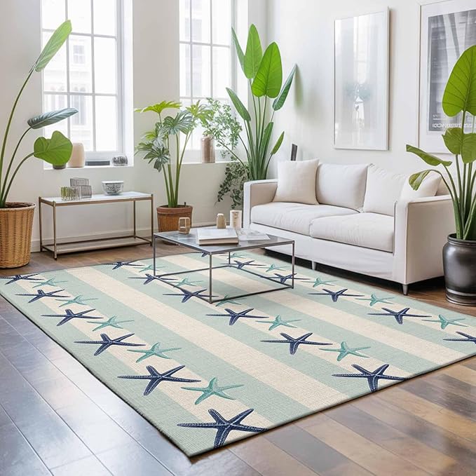 Area Rug 3x5ft, Summer Ocean Blue Teal Starfish Washable Rugs for Living Room Bedroom, Sea Star on Farmhouse Linen Soft Non-Slip Area Rugs Rectangle Floor Carpet for Dining Room