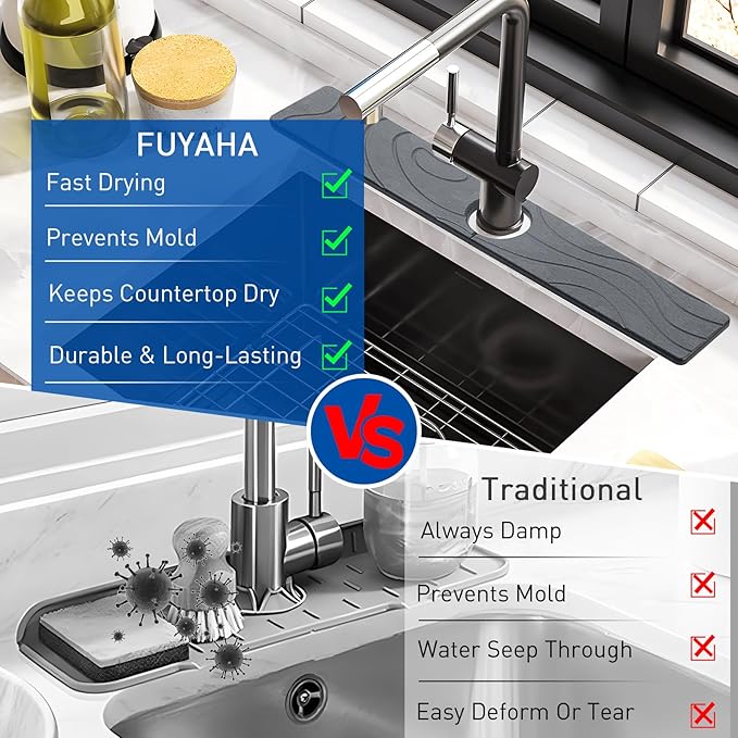 Faucet Mat for Kitchen Sink - Diatomite Quick Dry Sink Splash Guard, Super Absorbent, Kitchen Stone Sink Tray, Faucet Splash Guard for Bathroom Counter (23.62 * 3.93")