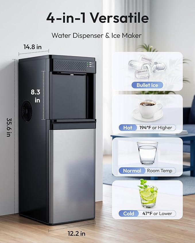 Euhomy 4-in-1 Water Dispenser with Ice Maker, Bottom-Loading Water Cooler Hot and Cold, Fits 3 & 5 Gallons, 33 lbs per Day Ice Production, Childproof Lock, for Home Office Kitchen, Black