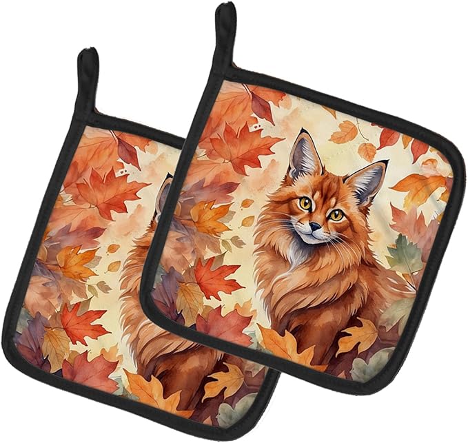 Caroline's Treasures Somali Cat in Fall Leaves Pair of Pot Holders Kitchen Heat Resistant Pot Holders Sets Oven Hot Pads for Cooking Baking BBQ, 7 1/2 x 7 1/2