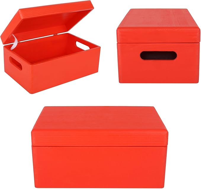 Creative Deco Large Red Wooden Box Storage with Hinged Lid | 11.8x7.87x5.51in (+-0.5) | Keepsake with Handles | Gift Box for Tool Dog Toy Shoes Kitchen Storage | Wood Keepsake Chest Trunk