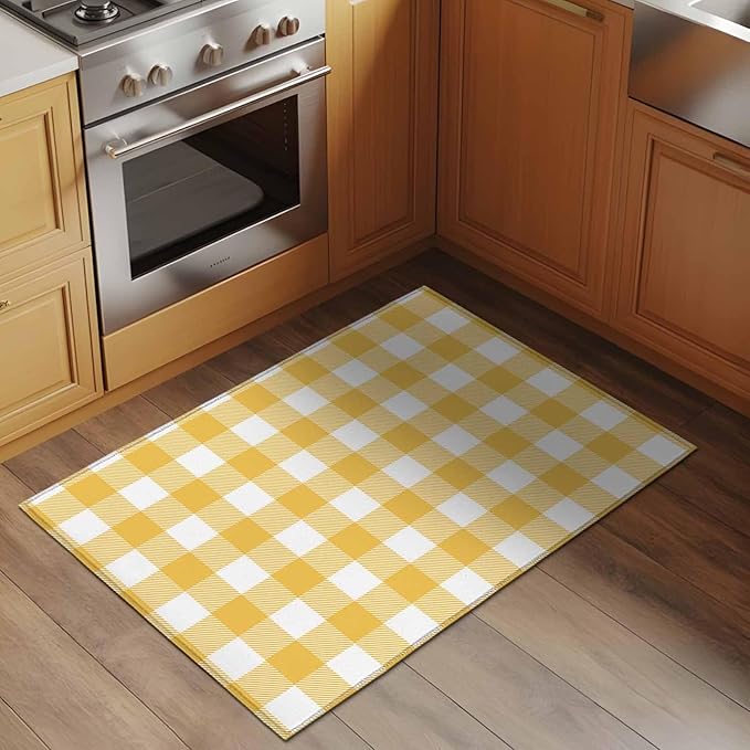 Area Rug 2x3ft, Rustic Country Yellow and White Buffalo Lattice Checked Washable Rugs for Living Room Bedroom, Farm Style Soft Non-Slip Area Rugs Rectangle Floor Carpet for Dining Room