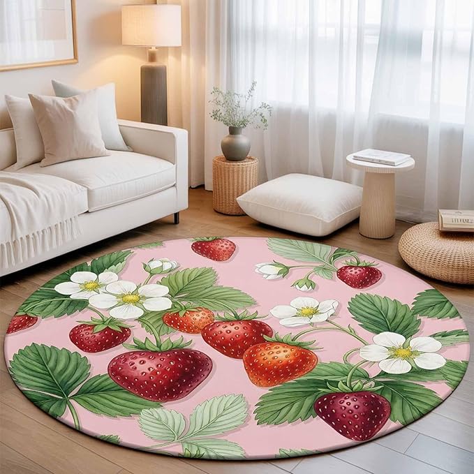 Washable Round Area Rug Summer Strawberry Bush on Pink Circle Rugs Floor Carpet for Living Room Bedroom, Forest Green Foliage Soft Non Slip Round Rug 3ft
