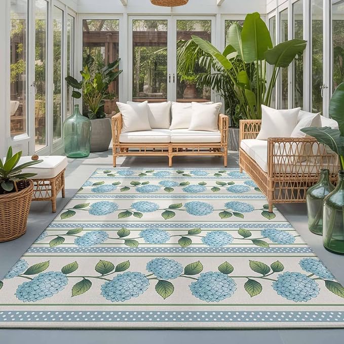 Area Rug 3x5ft, Spring Blue Flower Hydrangea Leaf Washable Rugs for Living Room Bedroom, Floral Stripes on Linen Soft Non-Slip Area Rugs Rectangle Floor Carpet for Dining Room