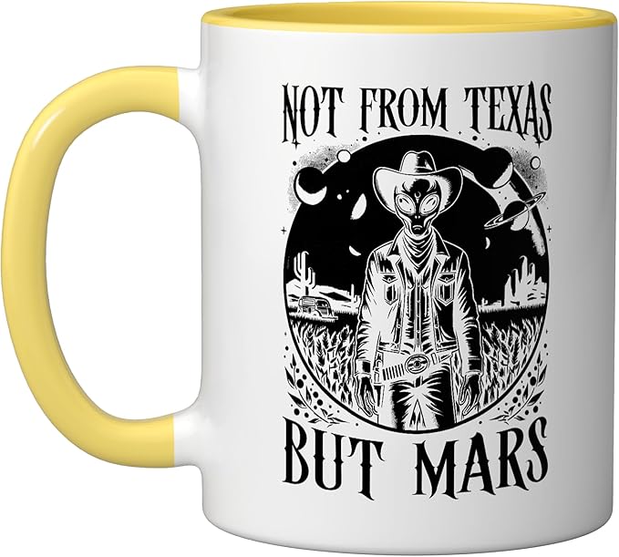 Alien Lover Flying Saucer UFO Extraterrestrial Cowboy Ceramic Mug, Yellow/White
