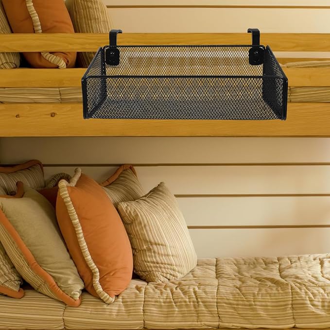 PartyKindom Hanging Bed Organizer, Metal Wire Bedside Caddy with Removable Hooks, 2-Tier Bunk Bed Storage Basket Shelf for Phone, Books & Dorm Room Essentials, Nightstand Alternative (Black)