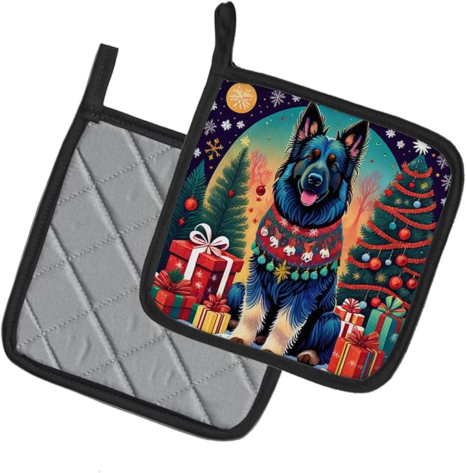 Caroline's Treasures Belgian Sheepdog Christmas Pair of Pot Holders Kitchen Heat Resistant Pot Holders Sets Oven Hot Pads for Cooking Baking BBQ, 7 1/2 x 7 1/2