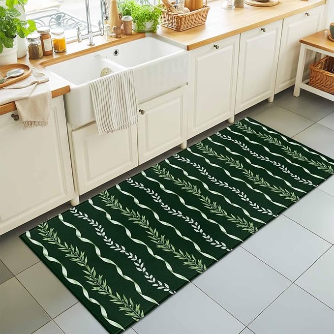 Runner Rug for Bedroom Hallway, Botanical Leaves Green Ribbons Kitchen Runner Rugs Area Rug 2x6ft, Summer Foliage Plant Washable Soft Floor Carpet for Entryway Stair